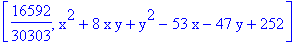 [16592/30303, x^2+8*x*y+y^2-53*x-47*y+252]